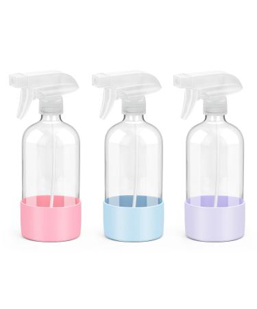 Rionisor Glass Spray Bottles with Silicone Sleeve Protection Empty 16 oz Refiilable Containers Reusable Spray Bottles with Adjustable Nozzle for Hair Cleaning Solutions 3 Pack Pink&Blue&Purple Pack Of 3 Blue green pink purple
