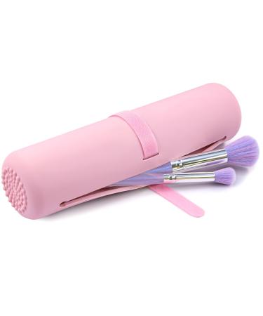 BEAKEY Travel Silicone Makeup Brush Bag 12 Pcs Makeup Brush Set Premium Synthetic Foundation Brush Eyeshadow Brush with Strap-on Storage Organizer Portable Pink Makeup Brush Holder (Purple & Pink)