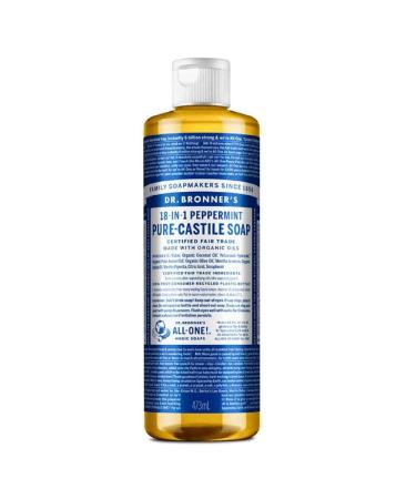 Dr Bronner's 18-in-1 Peppermint Pure-Castile Liquid Soap Made with Organic Oils Used for Face Body Hair Laundry Pets and Dishes Certified Fair Trade & Vegan Friendly 473ml Recycled Bottle Peppermint 473ml