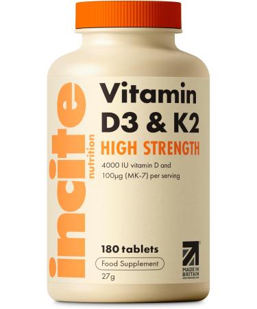 Vitamin D3 K2 (MK7) 100 UG - Vitamin D3 4000iu & Vitamin K2-180 Premium Vegetarian Tablets - 6 Month s Supply - High Strength Quality - Made in The UK by Incite Nutrition Vitamin D3 4000iu + K2
