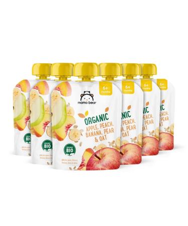 Amazon Brand - Mama Bear Apple Peach Banana Pear & Oat Purees with Organic Oatmeal Vegetarian 540g 90g (Pack of 6)
