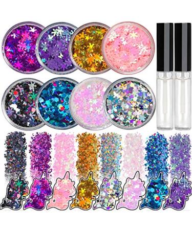 8 Jars of Cosmetic Chunky Glitter Shimmer Body Face Hair Eye Musical Festival Carnival Dance Halloween Party Beauty Makeup Temporary Tattoos Multicolored (80g/2.82oz) + Quick Dry Glitter Glue(10ml)
