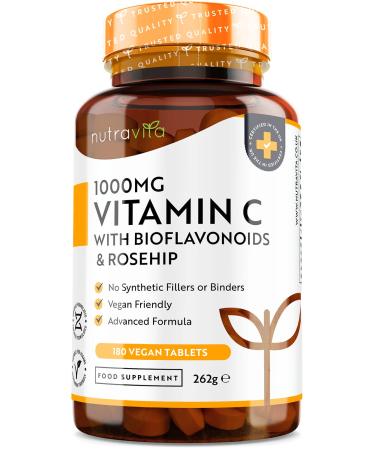 Vitamin C 1000mg 180 Premium Vegan & Vegetarian Tablets 6 Month Supply High Strength Ascorbic Acid with Added Bioflavonoids & Rosehip for Normal Immune System Made in The UK by Nutravita 180 count (Pack of 1)