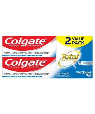 Colgate Total Whitening Toothpaste with Stannous Fluoride and Zinc Sensitivity Relief and Cavity Protection Mint 9.6 Ounce (Pack of 2)