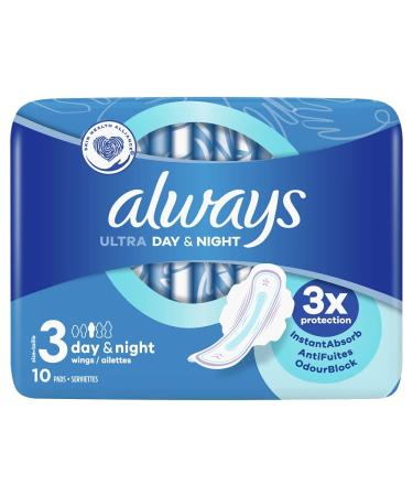 Always - 10x Ultra Day & Night Sanitary Pads Size 3 with Wings - 1 Piece 10 count (Pack of 1)