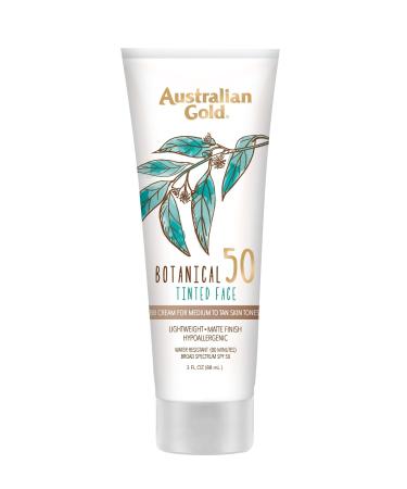 Australian Gold Botanical SPF 50 Tinted Sunscreen for Face, Non-Chemical BB Cream & Mineral Sunscreen, Water-Resistant, Matte Finish, For Sensitive Facial Skin, Medium to Tan Skin Tones, 3 FL Oz Medium-Tan Tinted Face Mineral Lotion Medium-Tan