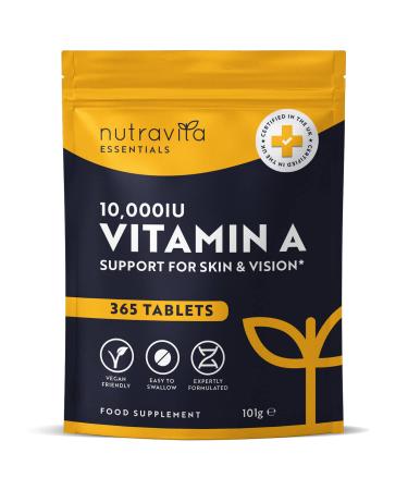 Vitamin A 10 000 IU 365 Vitamin A Tablets (1 Year Supply) - High Strength Vitamin A Supplement for Normal Skin Eyes & Immune System - Alternative to Vitamin A Capsules Vegan Friendly - Nutravita