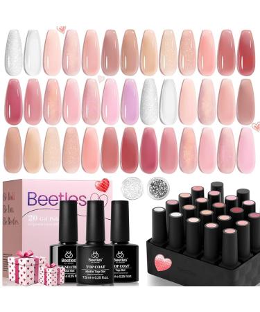 Beetles Pink Nude Gel Nail Polish Set 20 Colors Summer Neutral Jelly Pink Sheer Glitter White Color Soak Off UV Gel Kit with Base Gel Glossy Matte Top Coat DIY Manicure Gifts 2-20 Colors Nude Paradise
