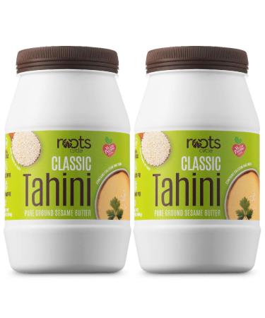 Roots Circle All-Natural Sesame Tahini Paste | 100% Pure Rich & Creamy Ground Sesame Seed Paste for Hummus, Tahini Sauce, Dressing & Dips | Vegan, Kosher | Non-GMO, Gluten & Peanut-Free | 2 Jars 16 Oz 2 Pack