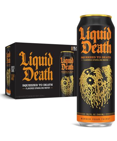 Liquid Death Squeezed To Death Sparkling Water 8-Pack (King Size 19.2oz Cans) Orange Flavored Sparkling Beverage Sweetened With Real Agave Low Calorie & Low Sugar Squeezed to Death - Sparkling 19.2 Fl Oz (Pack of 8)