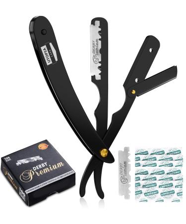 Utopia Care Professional Barber Straight Edge Razor Safety with 100-Pack Derby Blades - 100 Percent Stainless Steel (Black)