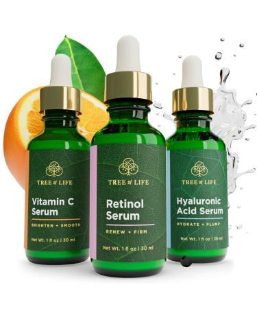 Tree of Life Vitamin C Serum, Retinol Serum and Hyaluronic Acid Serum for Brightening, Firming, & Hydrating for Face - 3 Ct x 1 Fl Oz - Total Skin Reset, Anti Aging Serums, Dark Spot Correcting Total Skin Reset Day & Night (3 Count)