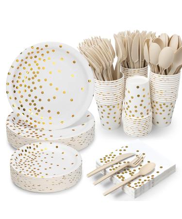 350PCS White and Gold Party Supplies Severs 50 Disposable Party Dinnerware Natural Biodegradable Forks Knives Spoons and Golden Dot Paper Plates White Napkins Cups for Baby Shower Birthday Wedding