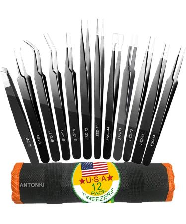 Tweezers, Precision Tweezer Set, Craft Tweezers, Soldering Tweezers, Jewelry Tweezers, Ingrown Tweezers, Eyelash Extension Tweezers, Eyebrow Tweezers - 12 Pack Super Valued Set with Handy Case 12 Pack Precision Tweezers w/…