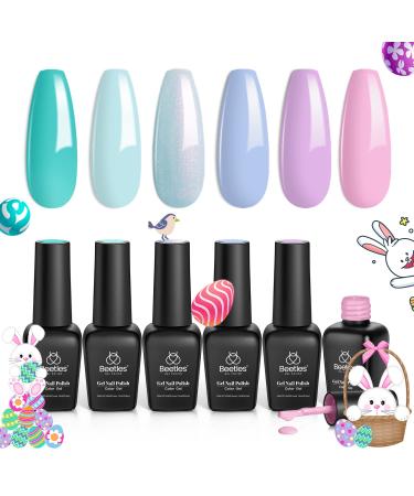 Beetles Gel Nail Polish Kit Summer Styles 6Pcs Mermaid Purple Green Glitter Gel Polish Trendy Soft Pink Shimmer Gel Nail Art, Holiday Vacation Gift for Girls Women DIY Manicure