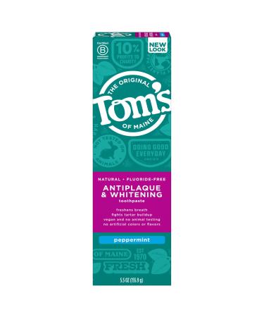 Tom's of Maine Fluoride-Free Antiplaque & Whitening Natural Toothpaste Peppermint 5.5 oz. (Packaging May Vary)