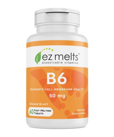 EZ Melts B6 as Pyridoxine, 50 mg, Sublingual Vitamins, Vegan, Zero Sugar, Natural Orange Flavor, 60 Fast Dissolve Tablets