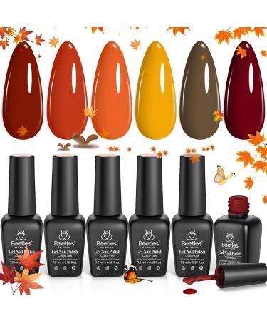 beetles Gel Polish 6 Colors Orange Yellow Gold Red Burgundy Fall Gel Nail Polish Kit Soak Off Nail Art Lamp UV LED Cured Manicure Nail at Home Gifts for Women A-6 Colors Autumn Leaves 0.25 Fl Oz (Pack of 6)