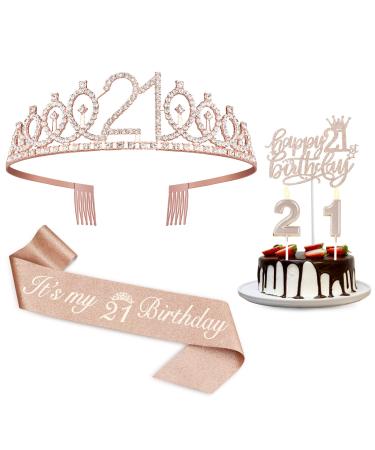 21st birthday decorations for her, Including 21st birthday sash, cake topper, crown, candles,21st birthday gifts for her, 21st birthday decorations for women 21th