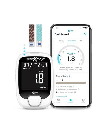 KETO-MOJO GK+ Bluetooth Glucose & Ketone Testing Kit + Free APP for Ketosis & Diabetes Management. 20 Blood Test Strips (10 Each), Meter, 20 Lancets, Lancing Device, and Control Solutions