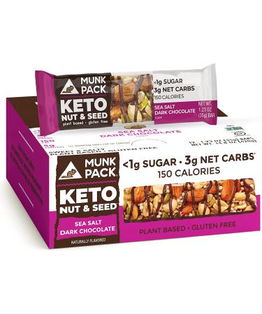 Munk Pack Keto Nut & Seed Bar | Sea Salt Dark Chocolate | 12 Bars | Low Carb Keto Snack | Plant Based and Gluten Free Treat | No Added Sugar | Keto Food | Keto Candy Bar | 1g Sugar, 3g Net Carbs Sea Salt Dark Chocolate 12