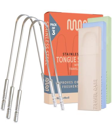 Mastermedi 100% pure copper tongue scraper with travel case - 2 pack all natural ayurveda tongue cleaner banned bad breath and maintains oral hygiene large grip (Set of 3 (with Travel Case))))