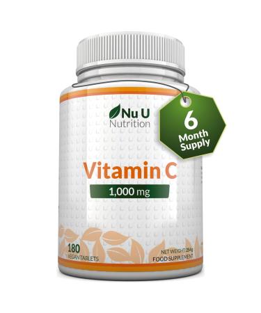 Vitamin C 1000mg - 180 Vegan Tablets - 6 Month Supply - High Strength Ascorbic Acid - Supports Immune System Energy & Collagen Formation - Nu U Nutrition