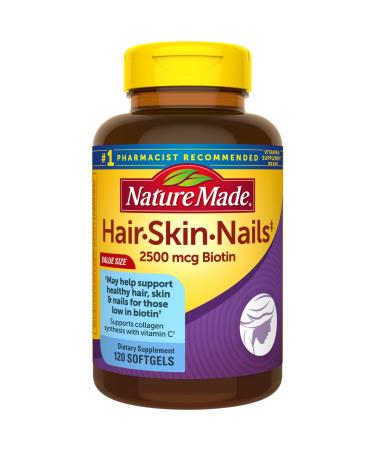 Nature Made Hair Skin and Nails with Biotin 2500 mcg, Dietary Supplement For Healthy Hair Skin and Nails Support, 120 Softgels, 120 Day Supply 120 Count (Pack of 1)
