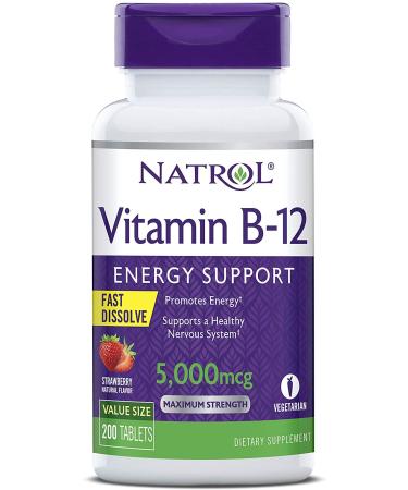 Natrol Vitamin B12 Fast Dissolve Tablets, Promotes Energy, Supports a Healthy Nervous System, Maximum Strength, Strawberry Flavor, 5,000mcg, 200 Count