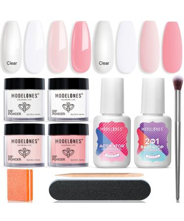 Modelones 10 Pcs Dip Powder Nail Kit Starter, 4 Colors Clear Nude Pink Dipping Powder System Essential Liquid Set with 15ML Base&Top Coat Activator for French Nail Art Manicure DIY Salon All-in-One Starter Kit A-Ultimate Gentleness