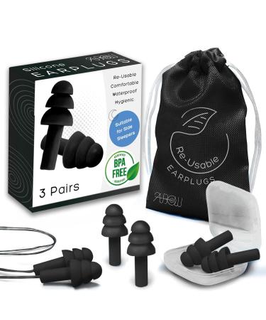 Soft Ear Plugs for Sleeping Noise Cancelling Silicone Ear Plugs for Swimming Reusable Earplugs with Adjustable Size Ear Plugs for Noise Reduction Ear Plugs for Concerts & Snoring (3 Pairs) 3 Pairs (2 Uncorded + 1 Corded) + 1 Travel Pouch Black