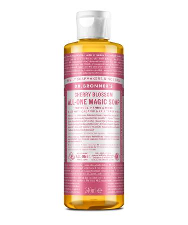 Dr Bronner's 18-in-1 Cherry Blossom Pure-Castile Liquid Soap Made with Organic Oils Used for Face Body Hair Laundry Pets and Dishes Certified Fair Trade & Vegan Friendly 240ml Recycled Bottle Cherry Blosson 240ml