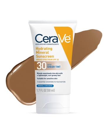 CeraVe Hydrating Mineral Sunscreen SPF 30 with Sheer Tint | Tinted Mineral Sunscreen with Zinc Oxide & Titanium Dioxide | Blends Seamlessly For Healthy Glow | Deep 1.7 Fluid Ounce