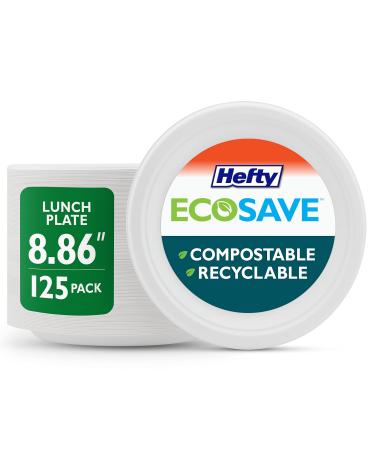 Hefty ECOSAVE Compostable Disposable Paper Plates Luncheon 8.86" 125 Count White 8.86" Paper Plates