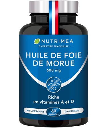 Cod Liver Oil - 600 mg - 100% Vitamins A and D Needs - Immunity - Skin Health - Bone Capital - Premium Quality - 60 Capsules - Nutrimea - Made in France