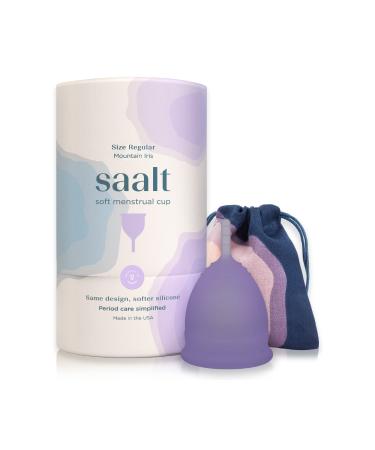 Saalt Soft Menstrual Cup - Super Soft and Flexible - Best Sensitive Cup - Wear for 12 Hours - Tampon and Pad Alternative (Mountain Iris Purple, Regular (Pack of 1)) Mountain Iris Regular (Pack of 1)
