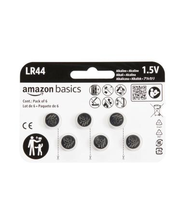 Amazon Basics 6-Pack LR44 Alkaline Button Coin Cell Battery 1.5 Volt Long Lasting Power Mercury-Free 6 Count