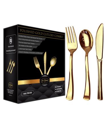160 Piece Gold Plastic Silverware Set - Reusable & Recyclable - Gold Plastic Utensils for Weddings Anniversaries Showers Parties - 80 Forks 40 Spoons 40 Knives - Elegant Cutlery by JL Prime 160 Gold