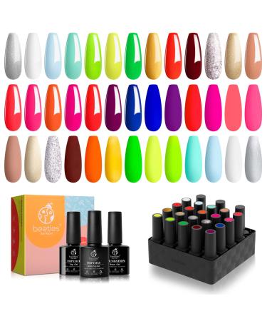 Beetles 20 Pcs Gel Nail Polish Kit Neon Nail Polish Hot Pink Magenta Lemon Green Soak Off Nail Gel Polish Starter Kit with Glossy Matte Top Coat Base Gel Manicure Set for Women B-Color-Run