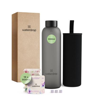 Waterdrop Starter Set Glass |Glass Bottle + 18 microtrinks for dissolving in 6 fruity varieties - Tasting package |1L glass bottle of leakage -proof carbonic acid suitable + beverage powder sugar -free 1l black frosted