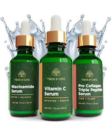 Tree of Life Skin Care Set Brightening Firming Hydrating Dry Face Dermatologist Tested - Complete Hydration Trio Vitamin C Serum Niacinamide Serum Pro Collagen Peptide Serum 3 count of 1Fl oz