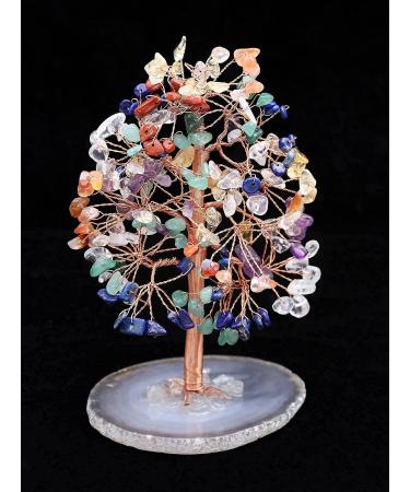 7 Chakra Tree of Life - Geode Agate Slice Base, Crystal Tree for Positive Energy, Handmade Seven Chakra Gemstone Tree - Feng Shui Decor, Copper Wire Money Tree Bonsai, Healing Crystals, Spiritual Gift