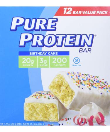 Pure Protein Bars High Protein Nutritious Snacks to Support Energy Low Sugar Gluten Free Birthday Cake 1.76 oz Pack of 12