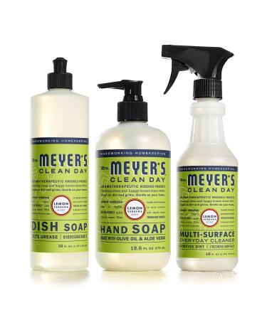 Mrs. Meyer's Kitchen Essentials Set, Includes: Hand Soap, Dish Soap, and All Purpose Cleaner, Lemon Verbena, 3 Count Pack