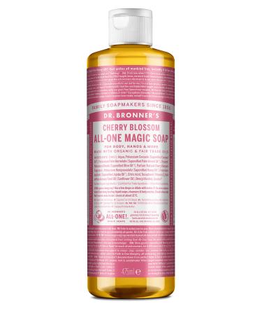 Dr Bronner's 18-in-1 Cherry Blossom Pure Castile Liquid Soap Made with Non-GMO Products Used for Face Body Hair Laundry & Dishes Certified Fair Trade & Vegan Friendly 473 ml Recycled Bottle Cherry Blosson 475ml
