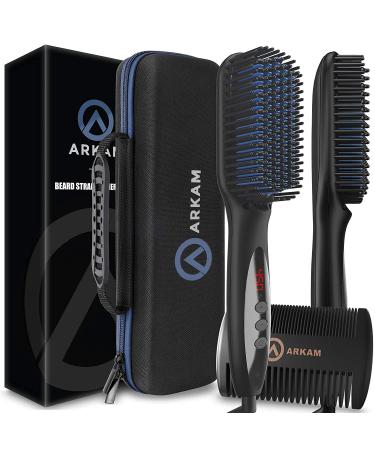 Arkam Beard Straightener for Men -Premium Heated Beard Brush Kit w/ Anti-Scald Feature, Dual Action Hair Comb and Hard Shell Travel Case for Medium to Long Beards - Costume and Grooming Gifts for Men