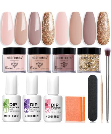 Modelones 11 Pcs Dip Powder Nail Kit Starter 4 Colors Nude Skin Tones Gold Glitter Neutral Acrylic Dipping Powder Liquid Set with Base Coat&Top Coat Activator for French Nail Art Manicure DIY Salon Gift Set A1-Nude