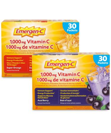 Emergen-C Bundle Vitamin C 1 000mg Powder with Vitamin D Zinc and Electrolytes Immune System Booster Orange and Acai-Berry 30 Packets per Flavor (60 Total) Super Orange/Acai-Berry 30 Count (Pack of 2)