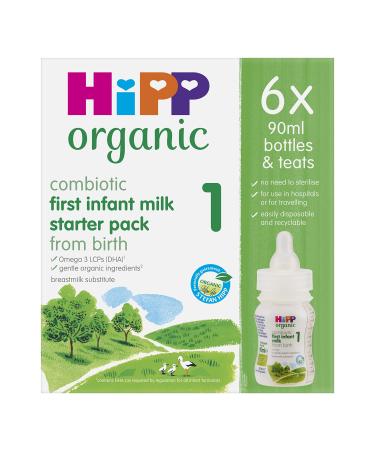 HiPP Organic 1 First Infant Baby Milk Ready to feed liquid formula starter pack From birth (6 x 90ml bottles) 540 ml (Pack of 1)