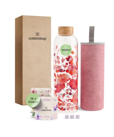 Waterdrop Starter Set Glass |Glass Bottle + 18 microtrinks for dissolving in 6 fruity varieties - Tasting package |1L glass bottle Object -proof carbon dioxide suitable + beverage powder sugar -free 1l relax melange